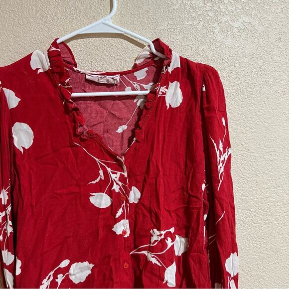 Ba&sh red white floral ruffle button up long sleeve top - Picture 4 of 11